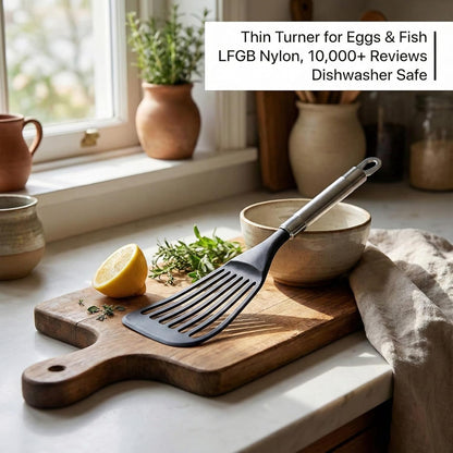 KSENDALO Thin Flexible Nylon Fish Spatula for Nonstick Cookware Fish Spatula Egg Flipper Hollow Steel Handle, LFGB Certified Nylon Thin Blade Sturdy Hollow Handle Dishwasher Safe- Silver/Black