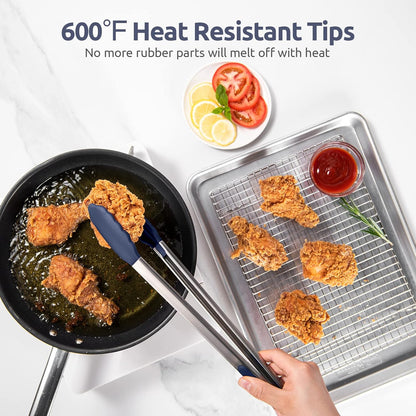 600ºF Heat Resistant Kitchen Tongs: U-Taste 9 inch Silicone Cooking Tong with Firm Sealed Non Stick Rubber Tips & Silicon Coated 18/8 Stainless Steel Handle & Smooth Locking for Serving Salad (Black)
