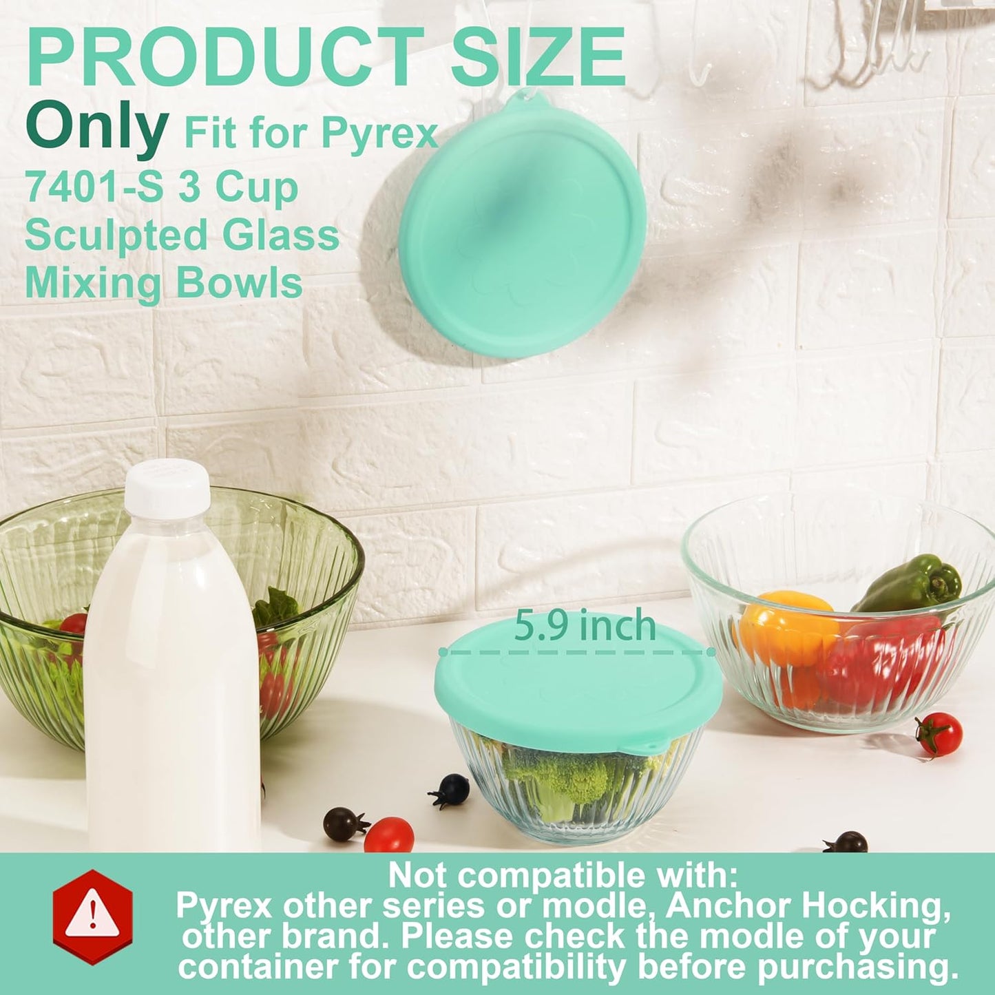 Silicone Lids Fit for Pyrex Sculpted Glass Mixing Bowls, Replacement Lids Compatible with Pyrex 3, 6, 10 Cup & 4.5 Qt Sculpted & Tinted Glass Bowls, Dishwasher Safe (Lid Only)