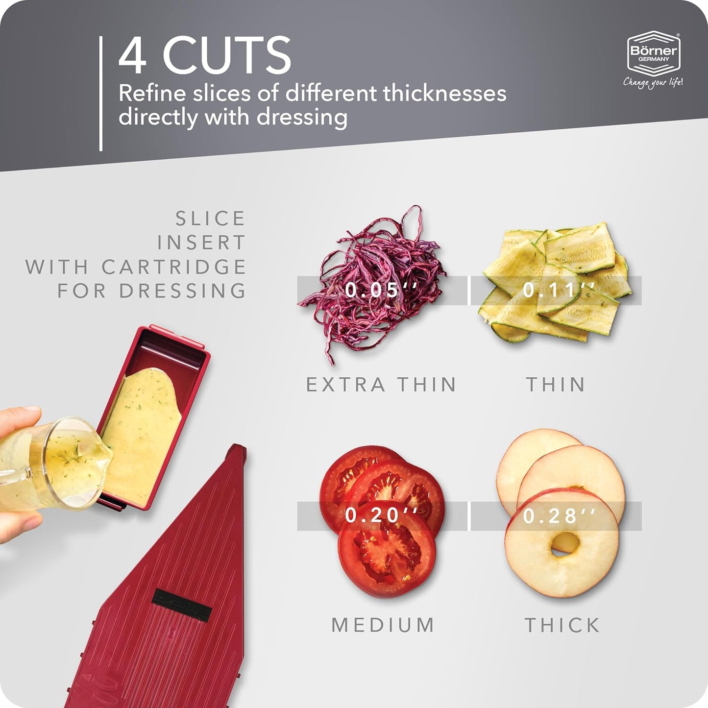 Börner Mandoline Slicer Vital (Profi Set) • Vegetable Slicer with Stainless Steel V-Blade & Dressing Function • 12 Cutting Styles • For Slices, Zoodles, Strips, & Dices in Various Thicknesses