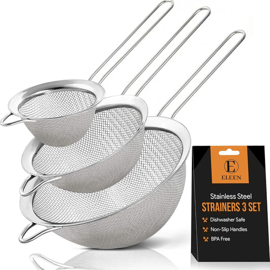 ELEEN Premium Stainless Steel Fine Mesh Strainers for Kitchen 3-Piece Set with Non-Slip Handle, Small, Medium & Large Sieves, Colanders and Sifter for Sifting, Straining, Pastas Tea, Rice Vegetables