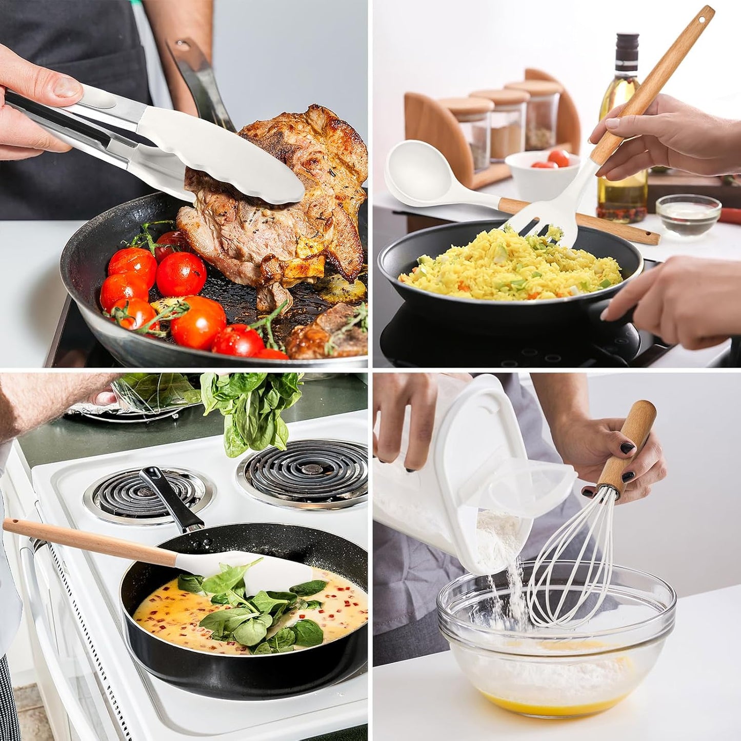 E-far Cooking Utensils Set of 6, Silicone Kitchen Utensils with Wooden Handle, Non-stick Cookware Friendly & Heat Resistant, Includes Spatula/Ladle/Slotted Turner/Serving Spoon/Spaghetti Server(Khaki)