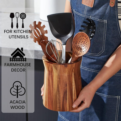 Acacia Wood Utensil Holder, 360° Rotating, Large Countertop Organizer, Farmhouse Kitchen Decor