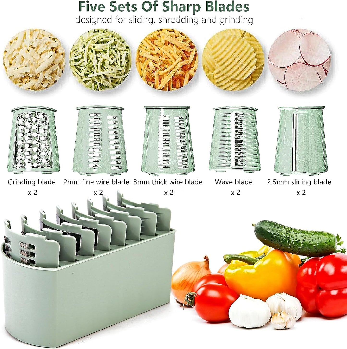 Rotary Cheese Grater with Handle: 5-in-1 Cheese Grater Hand Crank, Strong Suction Base for Fruit Vegetables Nuts with Blade Storage Box(Purple)