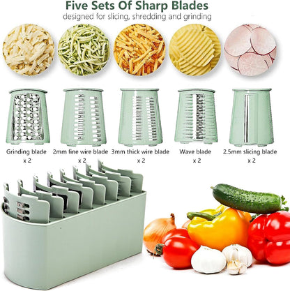Rotary Cheese Grater with Handle: 5-in-1 Cheese Grater Hand Crank, Strong Suction Base for Fruit Vegetables Nuts with Blade Storage Box(Purple)