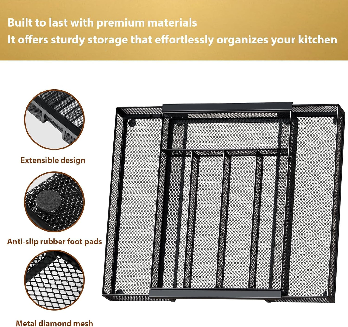 Sedegn Silverware Organizer Metal Mesh, Large Drawer Organizer, Utensil Cutlery Tray for kitchen drawers, Flatware Organizer with 6 Compartment, Black (11.3”*16“)