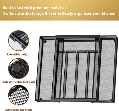 Sedegn Silverware Organizer Metal Mesh, Large Drawer Organizer, Utensil Cutlery Tray for kitchen drawers, Flatware Organizer with 6 Compartment, Black (11.3”*16“)