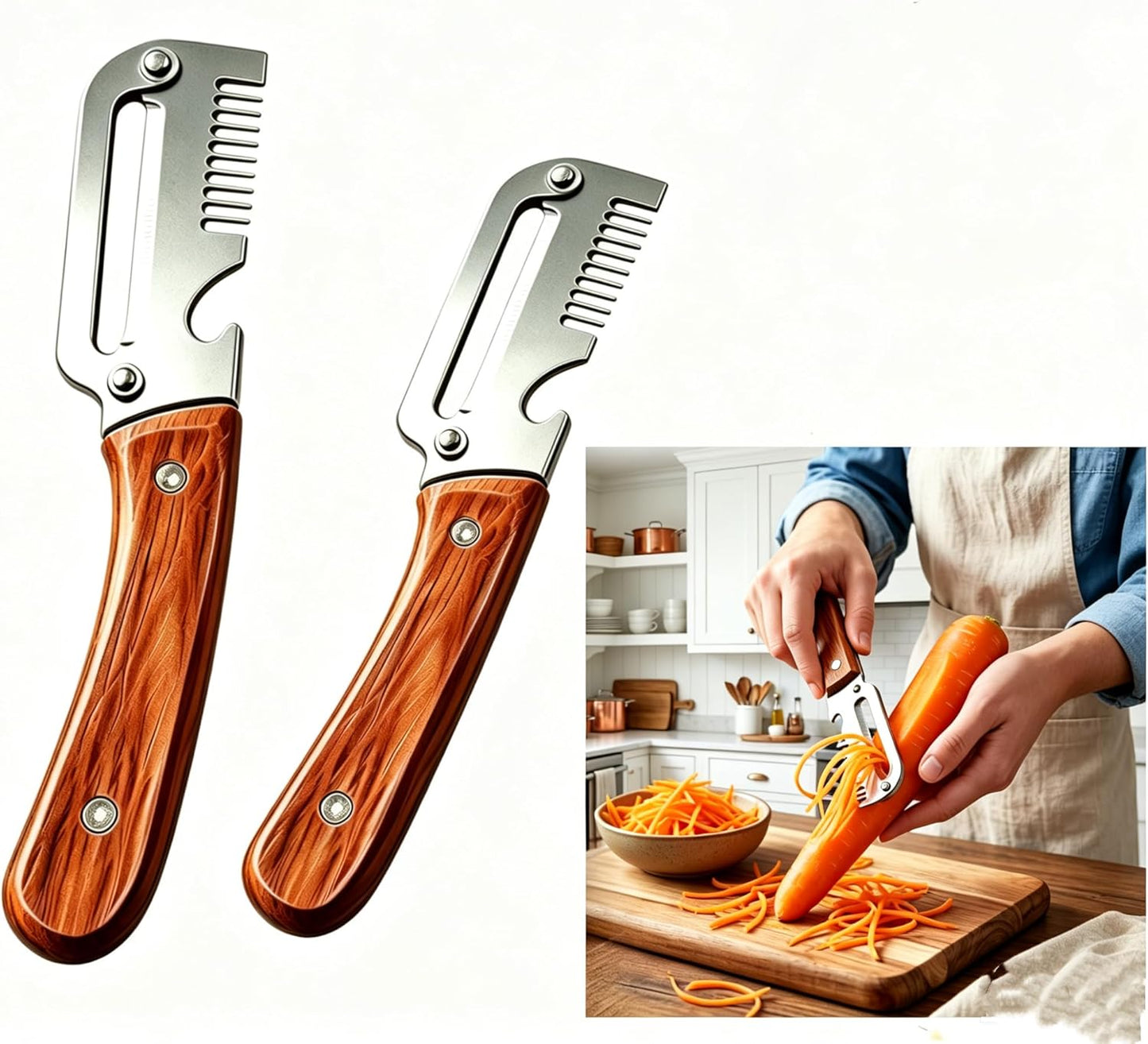 2026 Upgrade 3-in-1 Veg Peeler, Wood Handle Thick Stainless Steel Wide Blade, Scallion Shredder & Bottle Opener, Ultra-Sharp Multi Peeler for Potato Carrot Kitchen Camping Travel (1pcs+1ps)