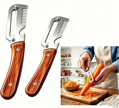 2026 Upgrade 3-in-1 Veg Peeler, Wood Handle Thick Stainless Steel Wide Blade, Scallion Shredder & Bottle Opener, Ultra-Sharp Multi Peeler for Potato Carrot Kitchen Camping Travel (1pcs+1ps)