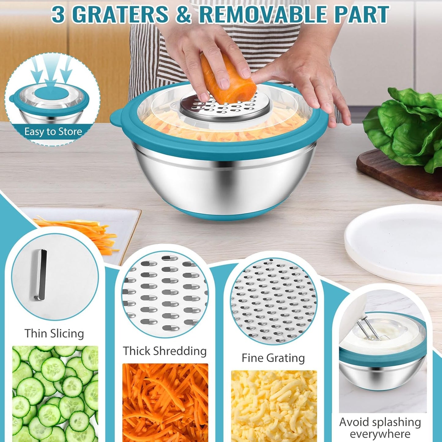 P&P CHEF 4-In-1 Stainless Steel Colander with Bowl Set, Rotatable Strainers for Kitchen, Fruit Cleaner, Washing Fruit & Draining Pasta, Mixing Bowl and Lid with Grater for Salad, Khaki