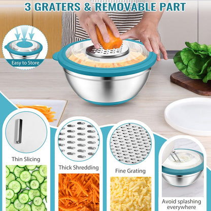 P&P CHEF 4-In-1 Stainless Steel Colander with Bowl Set, Rotatable Strainers for Kitchen, Fruit Cleaner, Washing Fruit & Draining Pasta, Mixing Bowl and Lid with Grater for Salad, Khaki