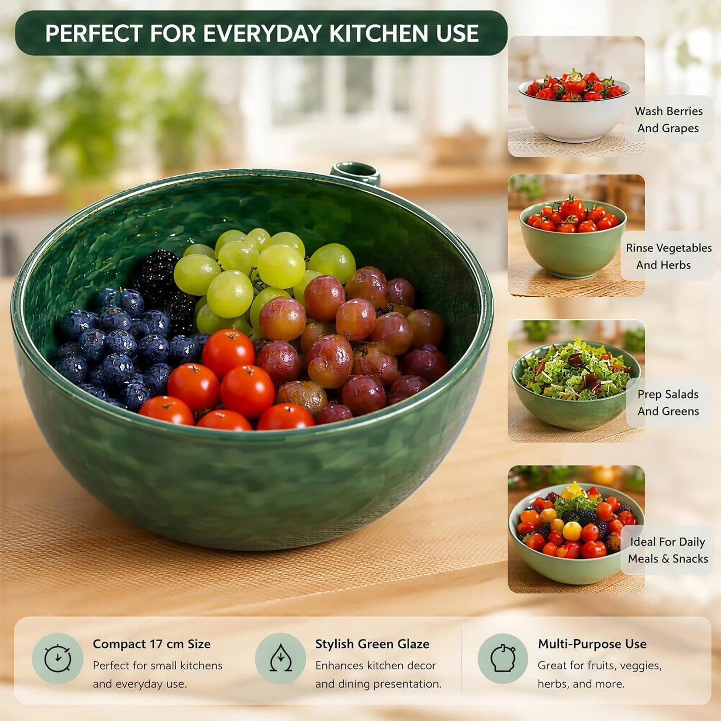 Ceramic Berry Washing Bowl with Swirl Cleaning Design, Self Rinsing Fruit Spinner Colander for Strawberries Blueberries Grapes, Quick Drain Kitchen Washer Bowl (Ceramic)