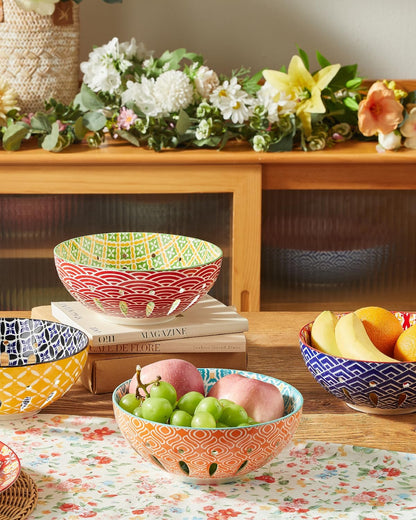 Metahom Ceramic Berry Basket, 6" Colorful Fruit Bowl, Round Berry Colander, Cute Small Container for Strawberry, Fruit Basket for Kitchen Counter, Set of 4