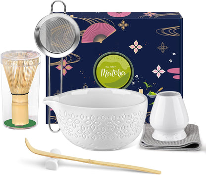 Matcha Whisk Set Matcha Kit - 7 Pcs Japanese Tea Set Includes Matcha Bowl with Spout,Bamboo Whisk with Ceramic Holder,Bamboo Scoop and Rest,Sifter,Tea Towel, for Ceremony Matcha Lovers Gift,Green