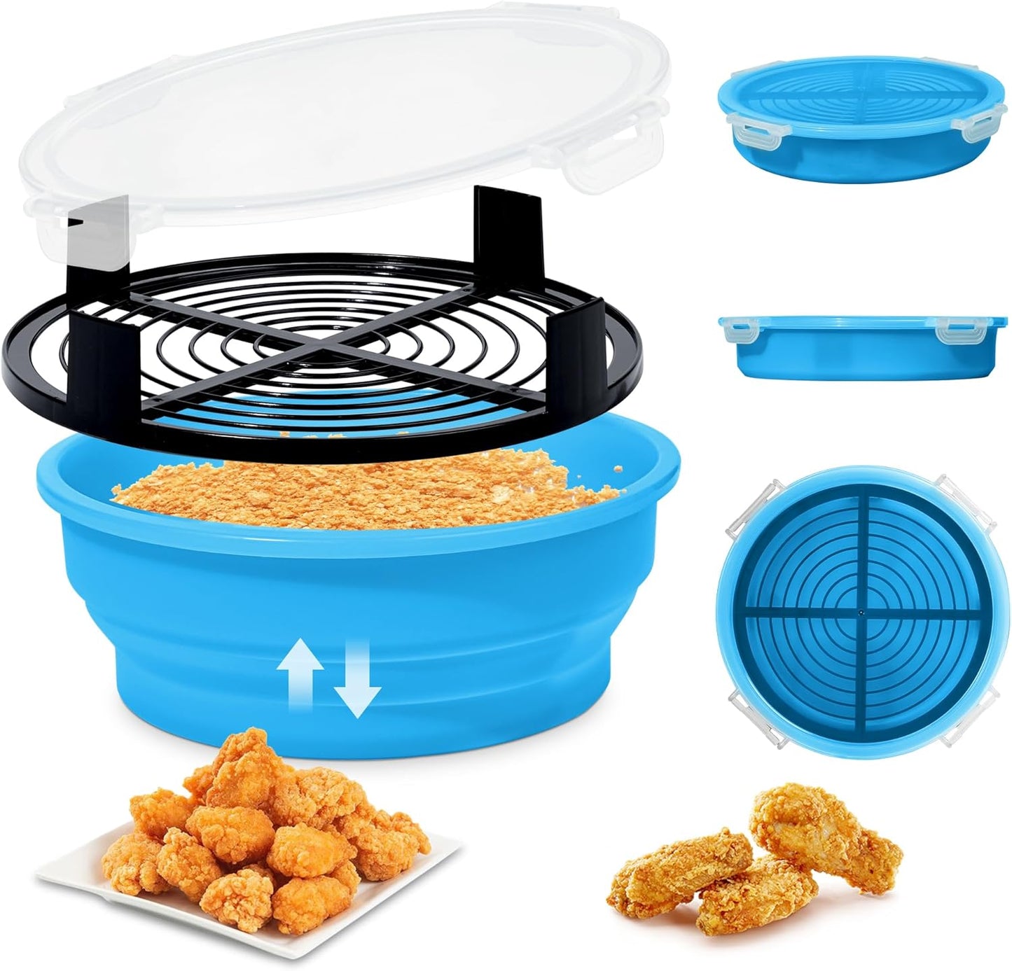 FJNATINH Collapsible Batter Bowl - Mess Free Better Breader Shaker Bowl with Lid Breading Shaker Container - Great for Fried Fish, Fried Chicken, Onion Rings, Wings & More,No Leak,Easy to Store