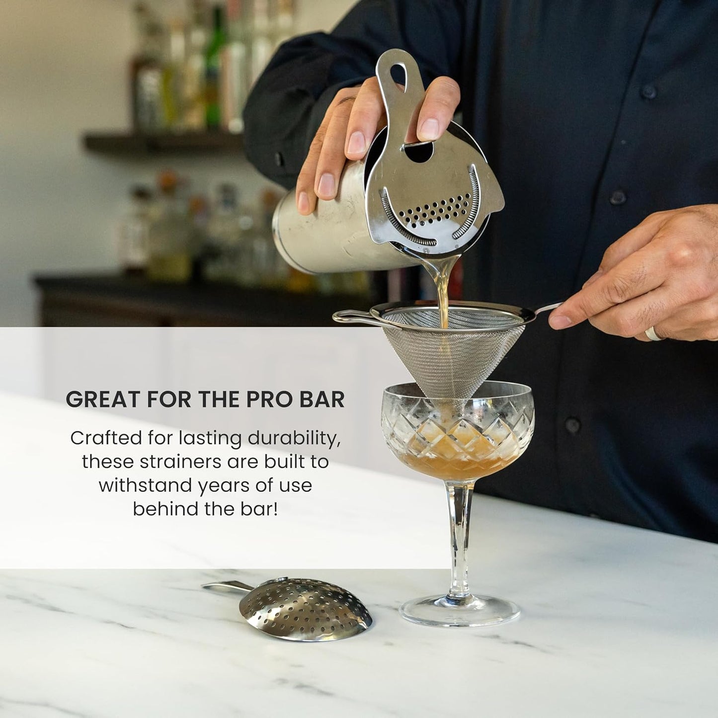 A Bar Above Professional Cocktail Strainer Set, 3-Piece Bundle, Includes Hawthorne and Julep Strainer, Fine Mesh Strainer, Rust Proof, Stainless Steel, for Home and Professional Bartender