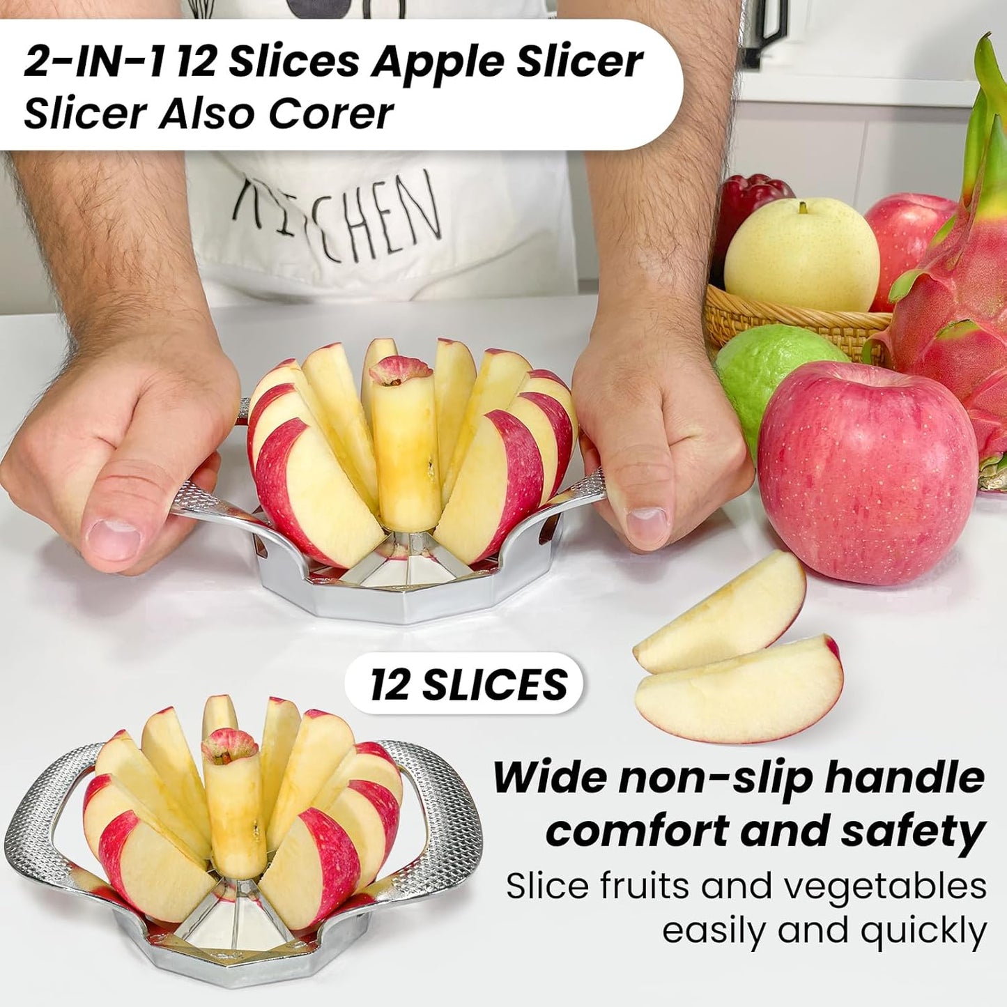Apple Slicer and Corer, Upgraded Heavy Duty Apple Cutter Slicer with Stand, Cut Apples All The Way Through, Stainless Steel Blade Apple Cutter 8 Slices with Comfort Handle, Up to 3.5 IN Apples