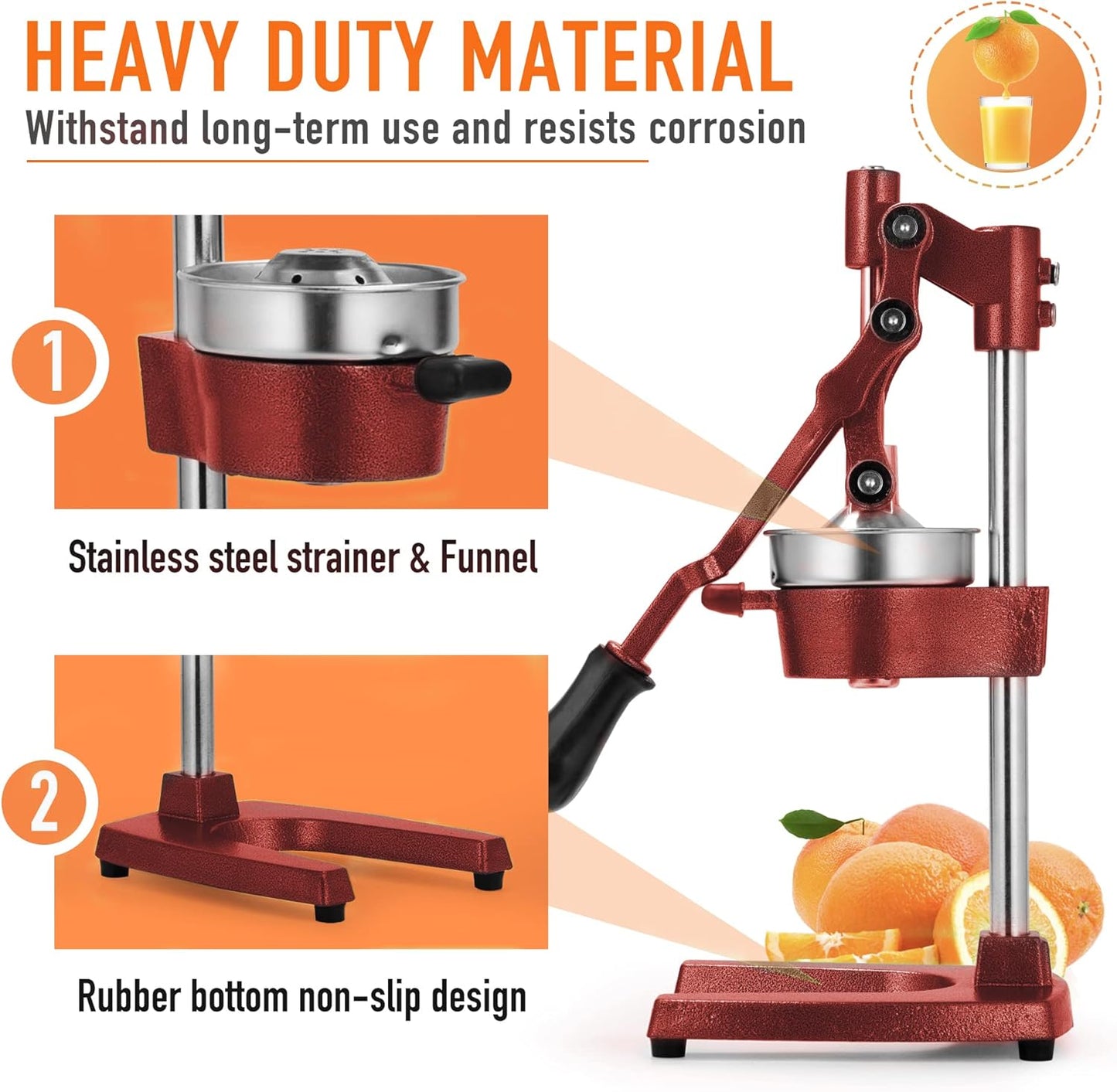 Commercial Heavy Duty Countertop Hand Press Manual Juicer Squeezer Fruit Crusher Machine for Orange Citrus Lemon Lime Grapefruit and Pomegranate Red