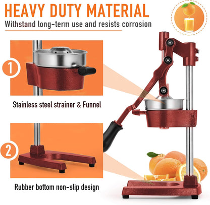 Commercial Heavy Duty Countertop Hand Press Manual Juicer Squeezer Fruit Crusher Machine for Orange Citrus Lemon Lime Grapefruit and Pomegranate Red