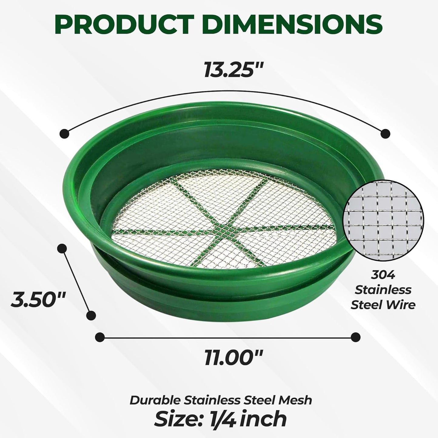 SE 13.25 Inch Wide Stackable Classifier Gold Prospecting Pan - 1/8 Inch Stainless Steel Mesh Sifting Pan, Green