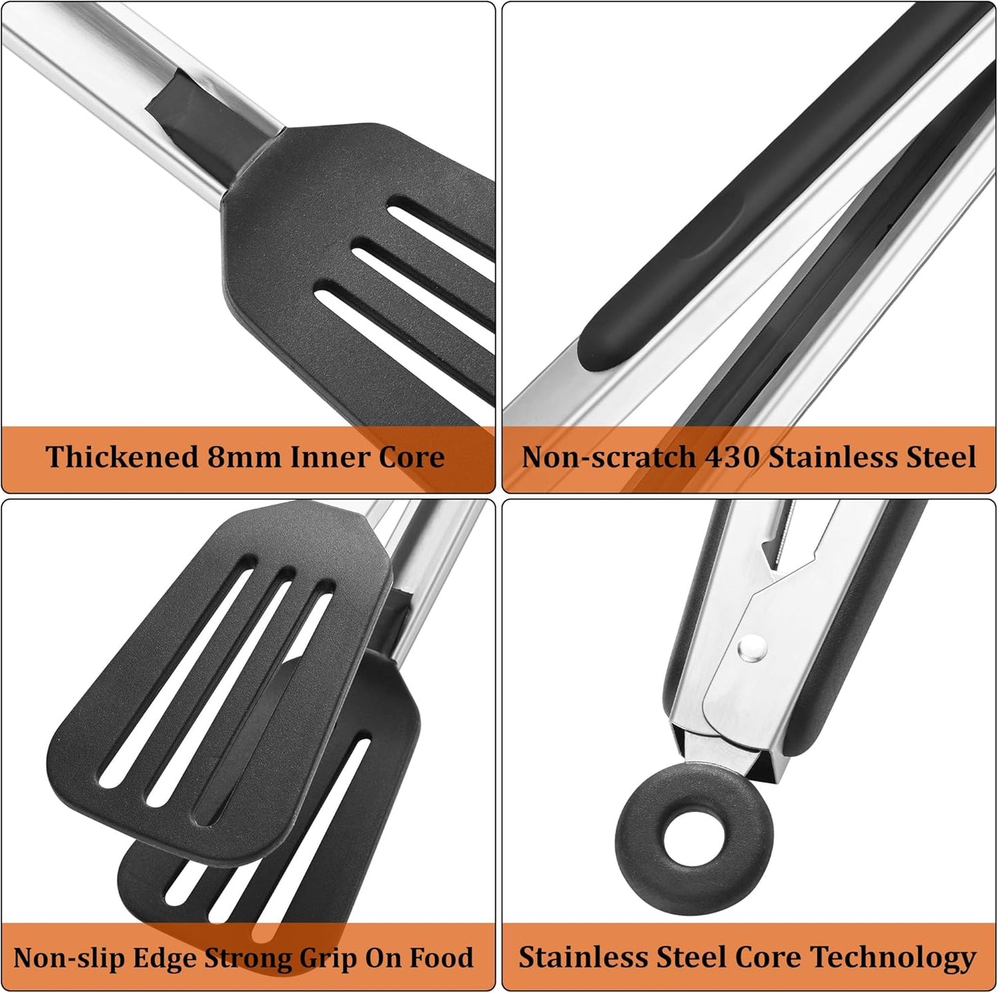 4 PCS Kitchen Tongs with Silicone Tips, 9 & 12-Inch Heat Resistant Silicone Tongs for Cooking Stainless Steel Spaghetti Tong Pasta Tong for Serving Food, Spaghetti, Pasta, BBQ, Salad (4PCS)