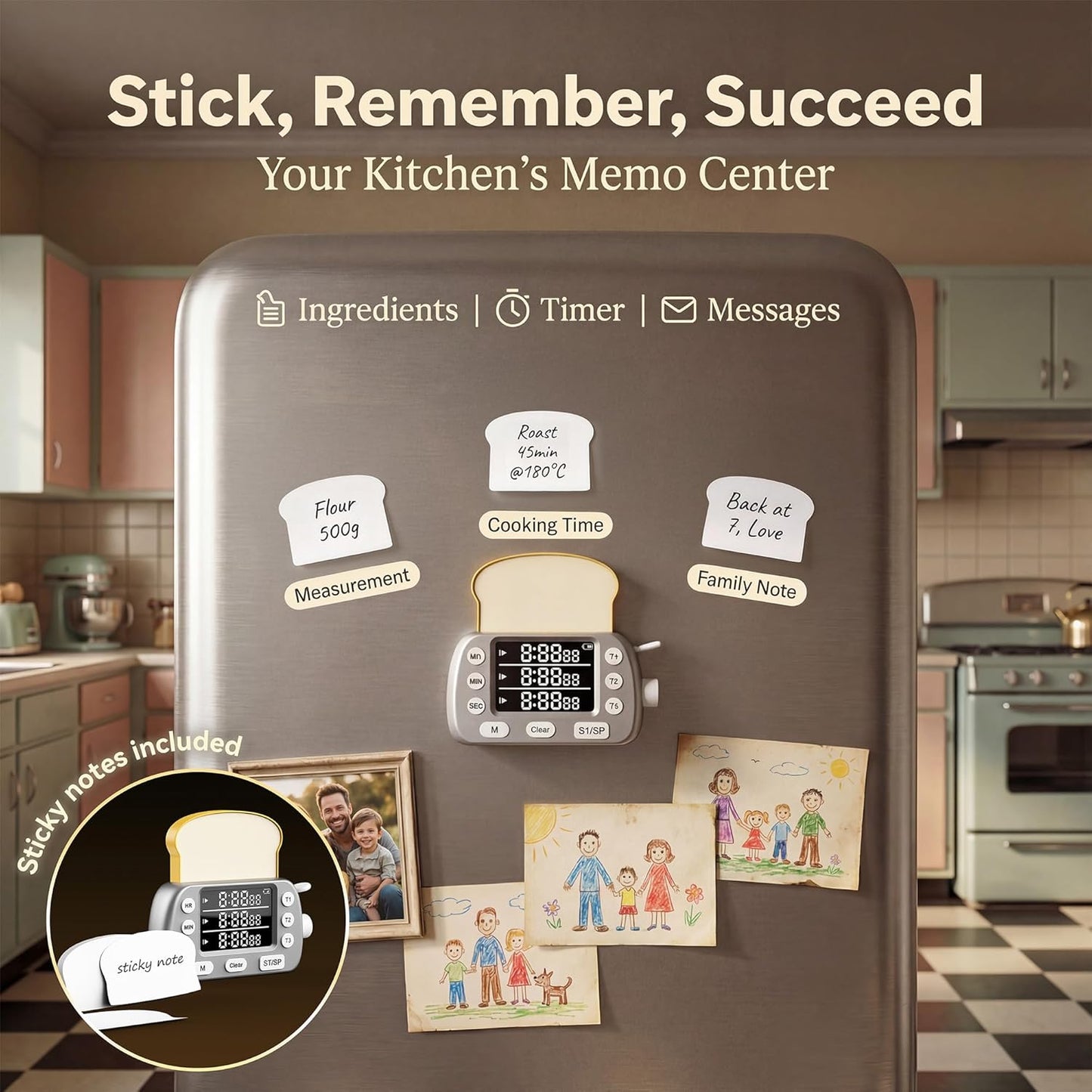 Digital Kitchen Timer for Cooking - 3-Channel Magnetic Countdown Timers with Memory Preset for Baking, Toaster, Eggs Includes Memo Notes (White)