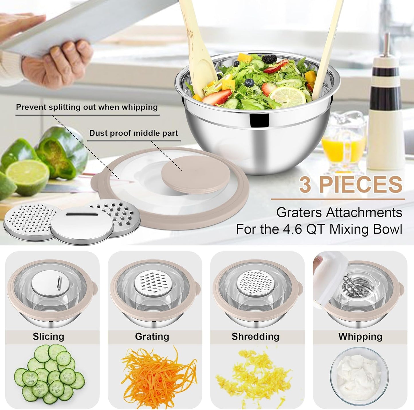 E-far Mixing Bowls Set of 5, Stainless Steel Salad Mixing Bowl with Transparent Lid, Metal Nesting Bowl Attach with 3 Graters for Kitchen Prepping/Serving/Baking/Storage, 4.6/2.6/1.5/1/0.7 QT - Khaki