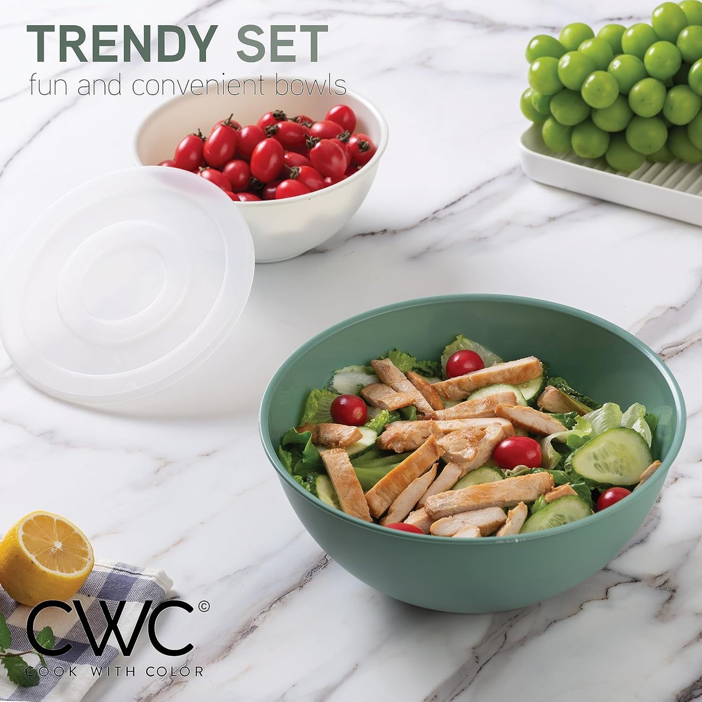 COOK WITH COLOR Mixing Bowls with Lids - 12 Piece Plastic Nesting Bowls Set includes 6 Prep Bowls and 6 Lids, Microwave Safe Mixing Bowl Set, Black Embossed - Colors B