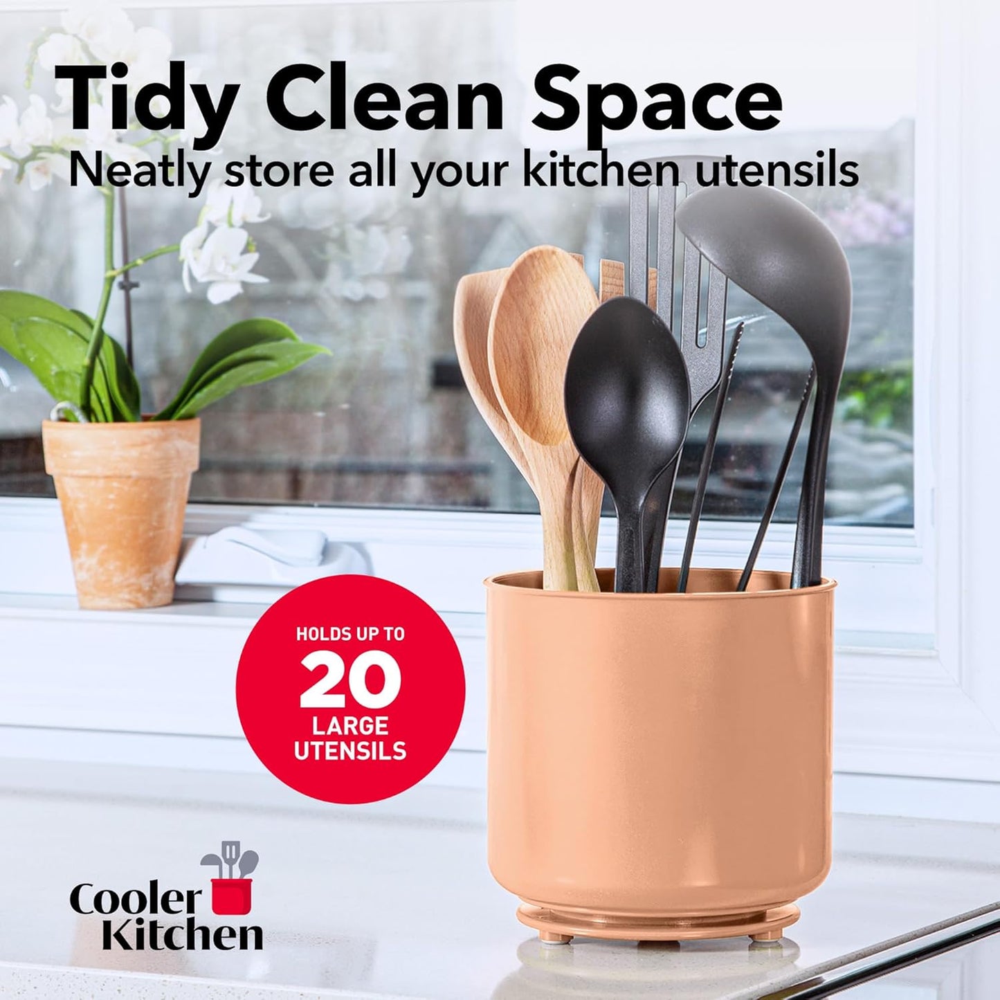 Cooler Kitchen Jumbo Extra Large Sturdy Rotating Black Utensil Holder Caddy with No-Tip Weighted Base, and Gripped Insert - Rust Proof and Dishwasher Safe Kitchen Utensils Holder
