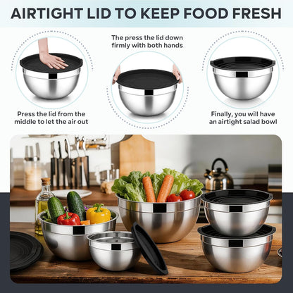 E-far Mixing Bowls with Lids, 6-Piece Stainless Steel Salad Bowls Metal Nesting Bowls for Baking Cooking and Prepping, Airtight Lids & Stackable Design, Size 4.5, 3, 1.5 QT (Black)