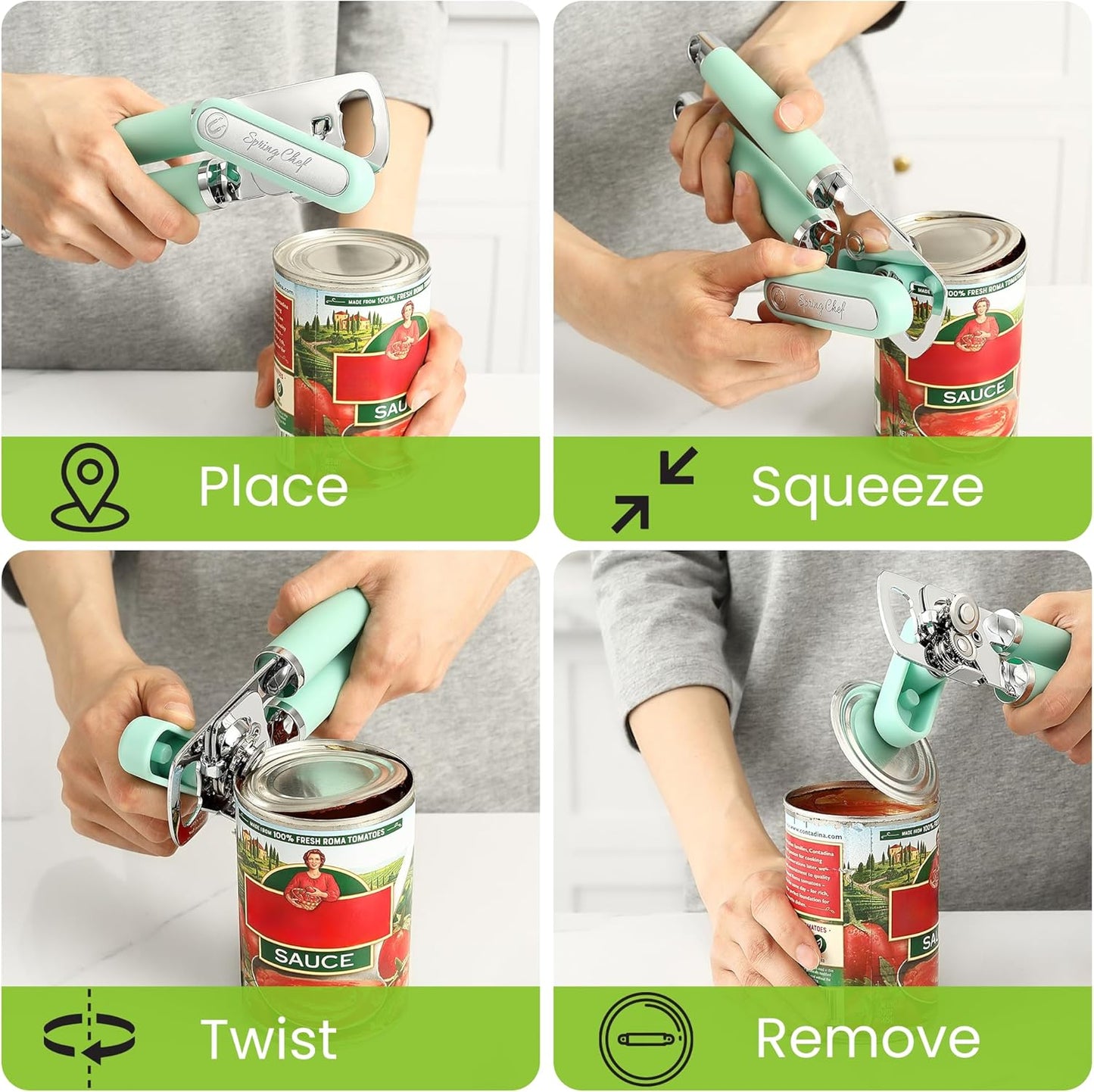 Spring Chef Stainless Steel Can Opener - Manual with Soft Grip Handles, Easy Turn, Heavy Duty Hand Can Openers for Seniors with Smooth Edge - Magnetic Lid Remover - Black