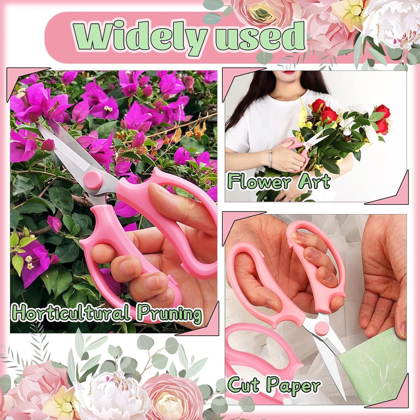 3 Pcs Garden Scissors Floral Shears,Professional Floral Scissors with Comfortable Grip Handle,Premium Garden Pruning Shears for Plants Trimming and Fruit Picking Trimming,Pink