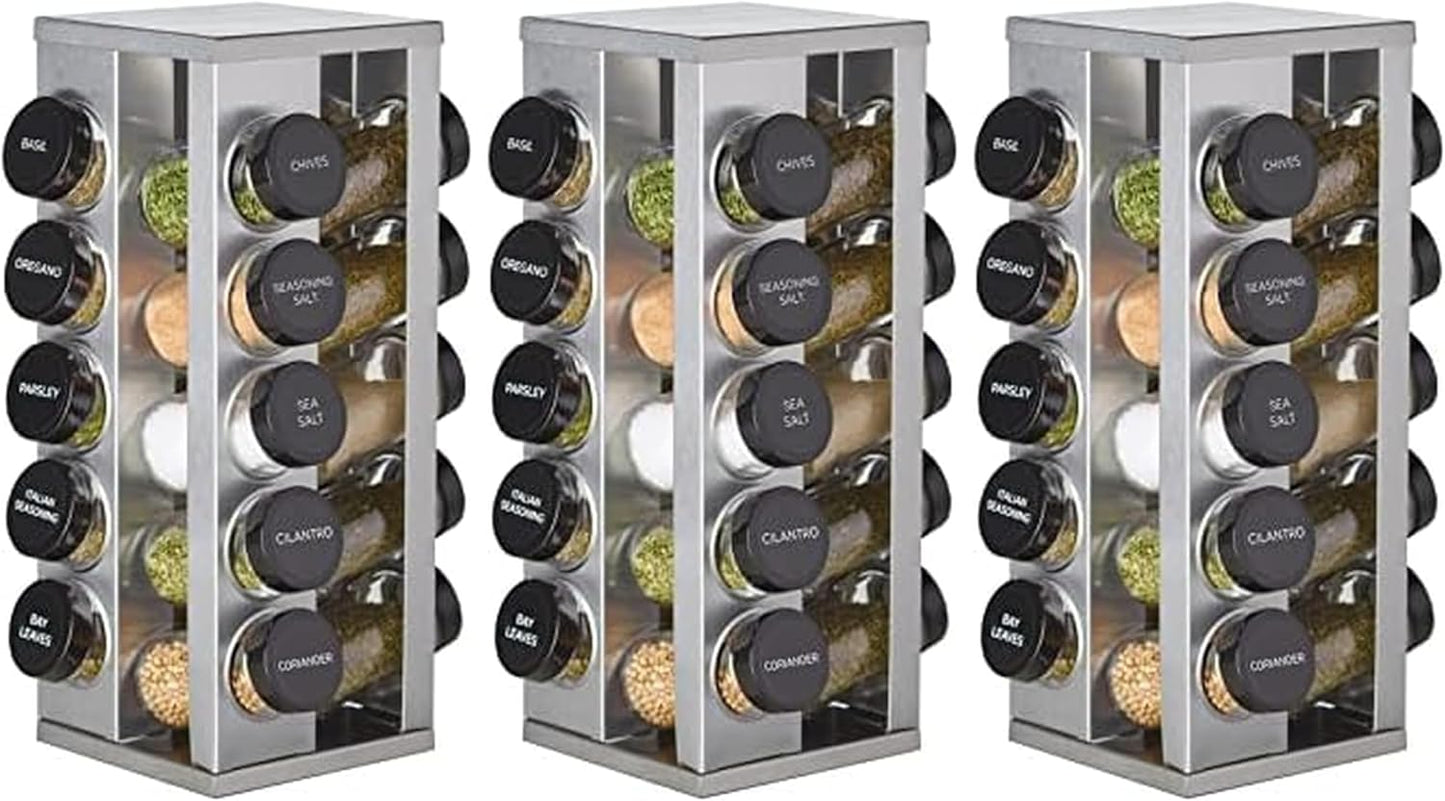Kamenstein 20 Jar Revolving Countertop Spice Rack with Spices Included, FREE Spice Refills for 5 Years, Polished Stainless Steel with Black Caps, 30020