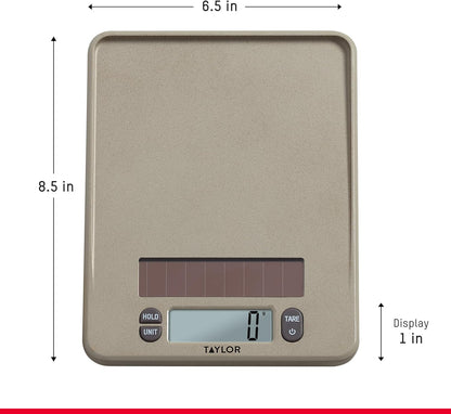 Taylor Light Powered Digital Kitchen Scale, Coffee Husk Blend Material, Solar Panel with Endless Power, No Batteries Needed, Energy-Saving, 11lb Capacity, Beige