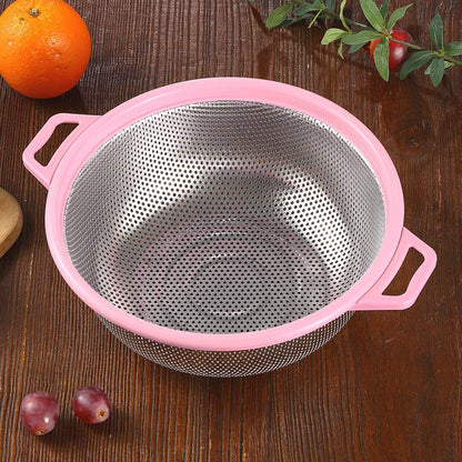 HiramWare Stainless Steel Colander With Handle and Legs, Large Metal Pink Strainer for Pasta, Spaghetti, Berry, Veggies, Fruits, Noodles, Salads, 5-quart 10.5” Kitchen Mesh Colander, Dishwasher Safe