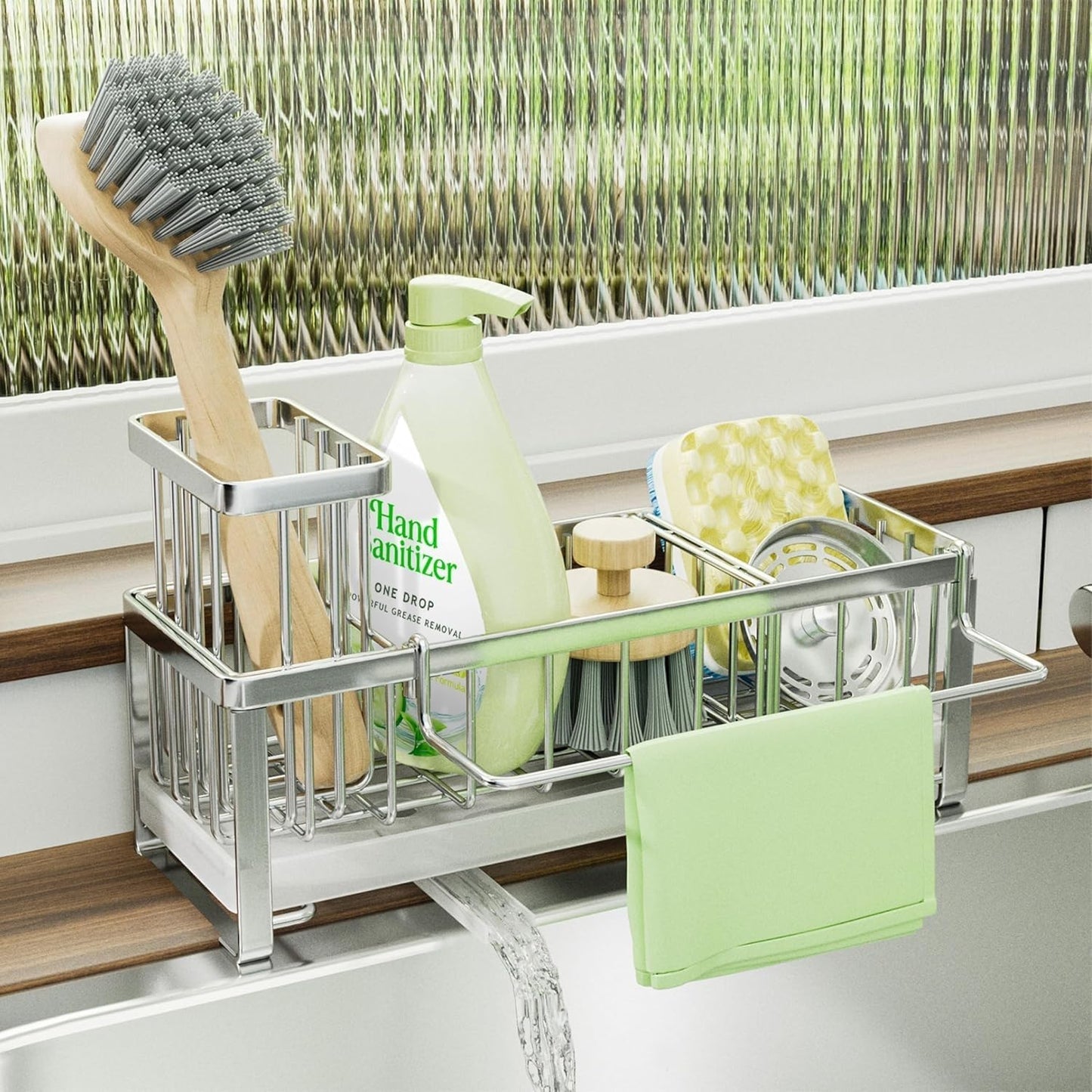 SWTYMIKI Sponge Holder for Kitchen Sink - Sink Caddy with Brush Holder Self-draining Sponge Caddy Organizer with Divider Stainless Steel Kitchen Accessories Storage for Countertop, Black