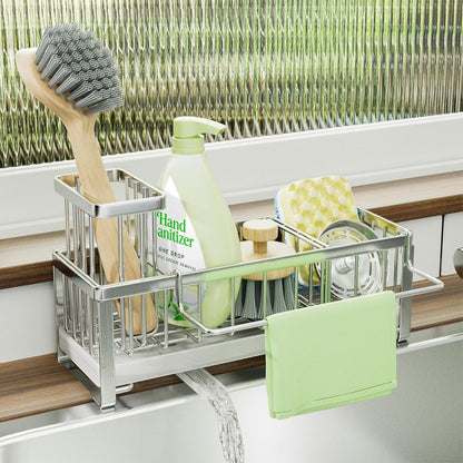 SWTYMIKI Sponge Holder for Kitchen Sink - Sink Caddy with Brush Holder Self-draining Sponge Caddy Organizer with Divider Stainless Steel Kitchen Accessories Storage for Countertop, Black