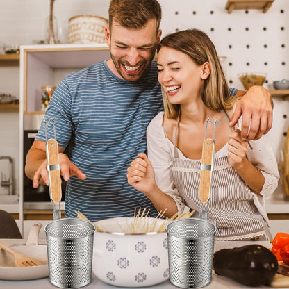 Tessco 4 Pcs Pasta Strainer, 4.7" x 5.2'' Stainless Steel Pasta Basket Mesh Cooker with Wood Handle, Spider Strainer Kitchen Skimmer for Food Dumpling Noodle Blanching(Dark Color)