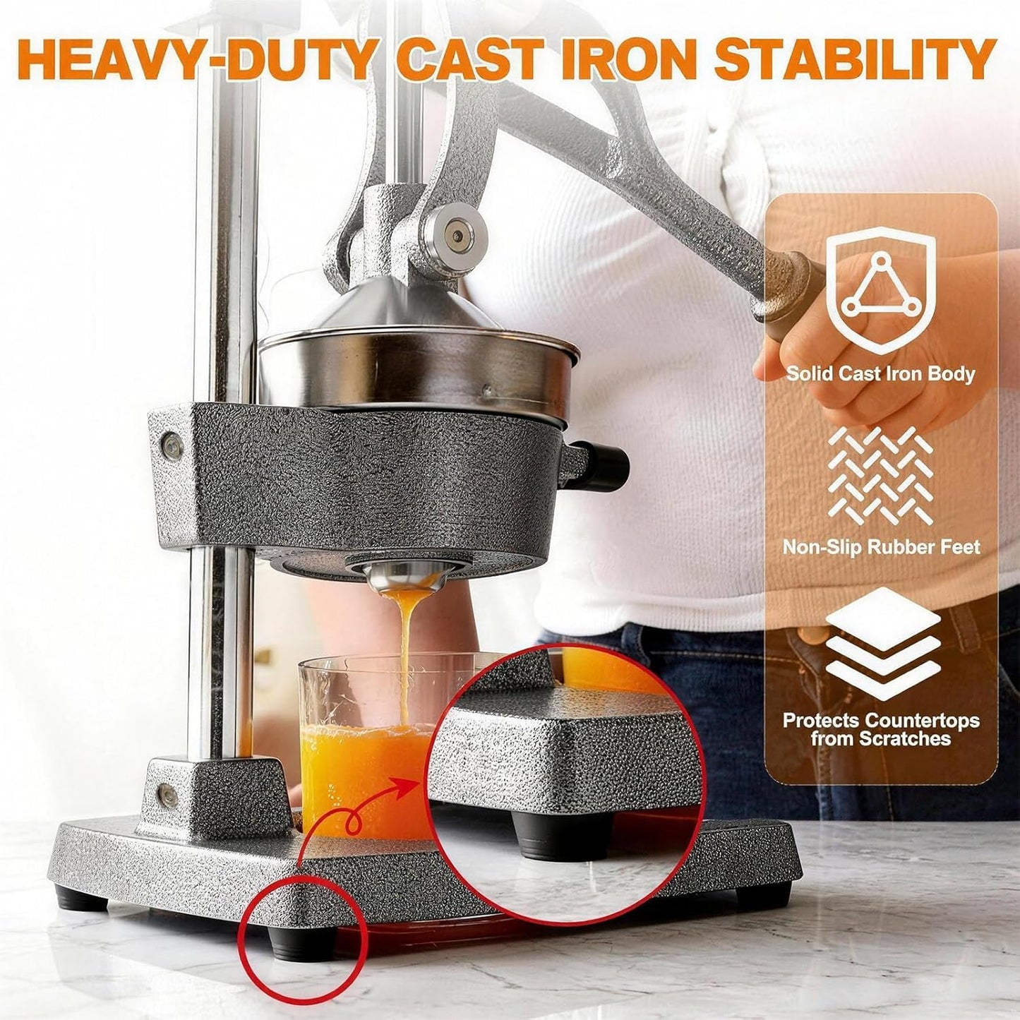 Cast Iron Citrus Juicer - 13.8LB Heavy Duty Manual Orange Press, 304 Stainless Steel Cup & Strainer, Professional Lemon Grapefruit Pomegranate Squeezer for Home Bar Kitchen, Orange