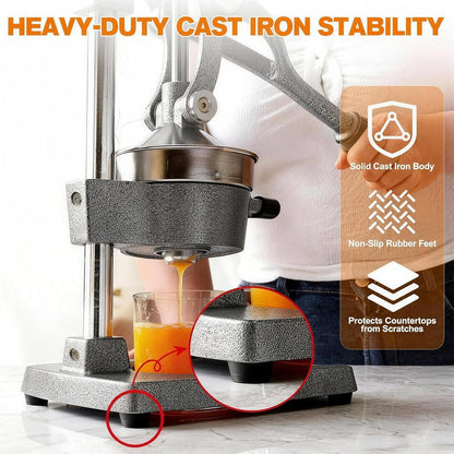 Cast Iron Citrus Juicer - 13.8LB Heavy Duty Manual Orange Press, 304 Stainless Steel Cup & Strainer, Professional Lemon Grapefruit Pomegranate Squeezer for Home Bar Kitchen, Orange