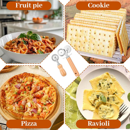 Qianyu 2 Pcs Double Fluted Pasta Cutter Pastry Wheel Cutter Stainless Steel Ravioli Crimper Edge Cheese Slicers Wheel with Wooden Handle for Home Kitchen Making Pastry Pizza Cookie Pasta Tools