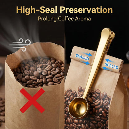 Li&Zhao Stainless Steel Coffee Scoop with Clip - Coffee Scoop for Ground Coffee, Precision Coffee Measuring Scoop, Tablespoon Stainless Steel Scoop for Coffee, Tea, Protein Powder (Gold)