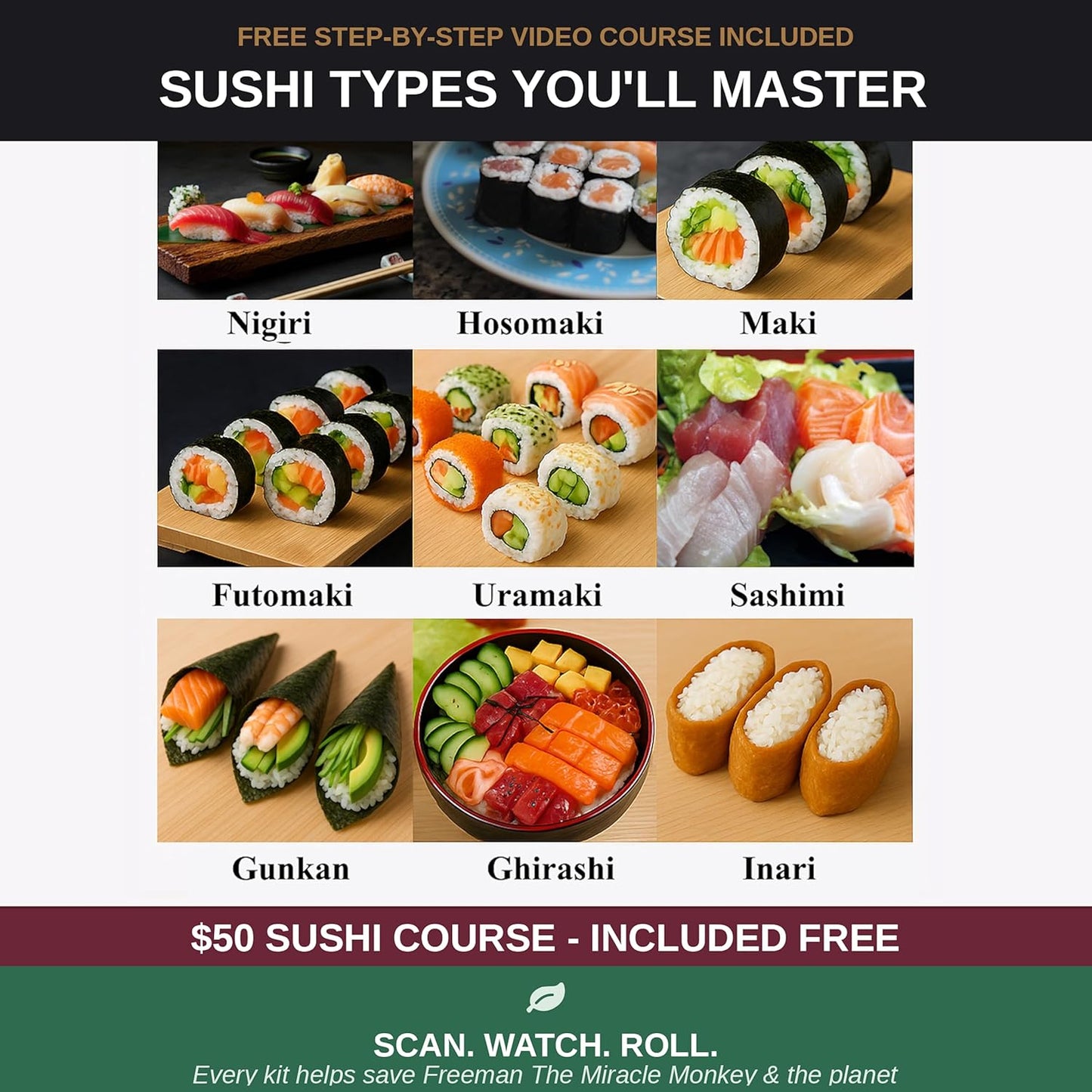 Albino monkey Sushi Making Kit with Pro Sashimi Knife – Roll 10+ Sushi Types – Sushi Bazooka, Bamboo + Dishwasher-Safe Mats, Nigiri Mold & Avocado Slicer Gift Box + Step-by-Step Video Guide