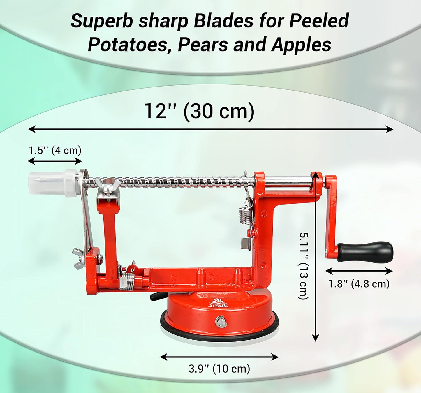 ARSUK Apple Peeler Corer Slicer with Suction Base – 3-in-1 Heavy Duty Cast Iron Hand Crank Machine for Potatoes & Pears – Stainless Steel Blades, Adjustable Arm, Quick Peeling & Spiral Slicing Tool
