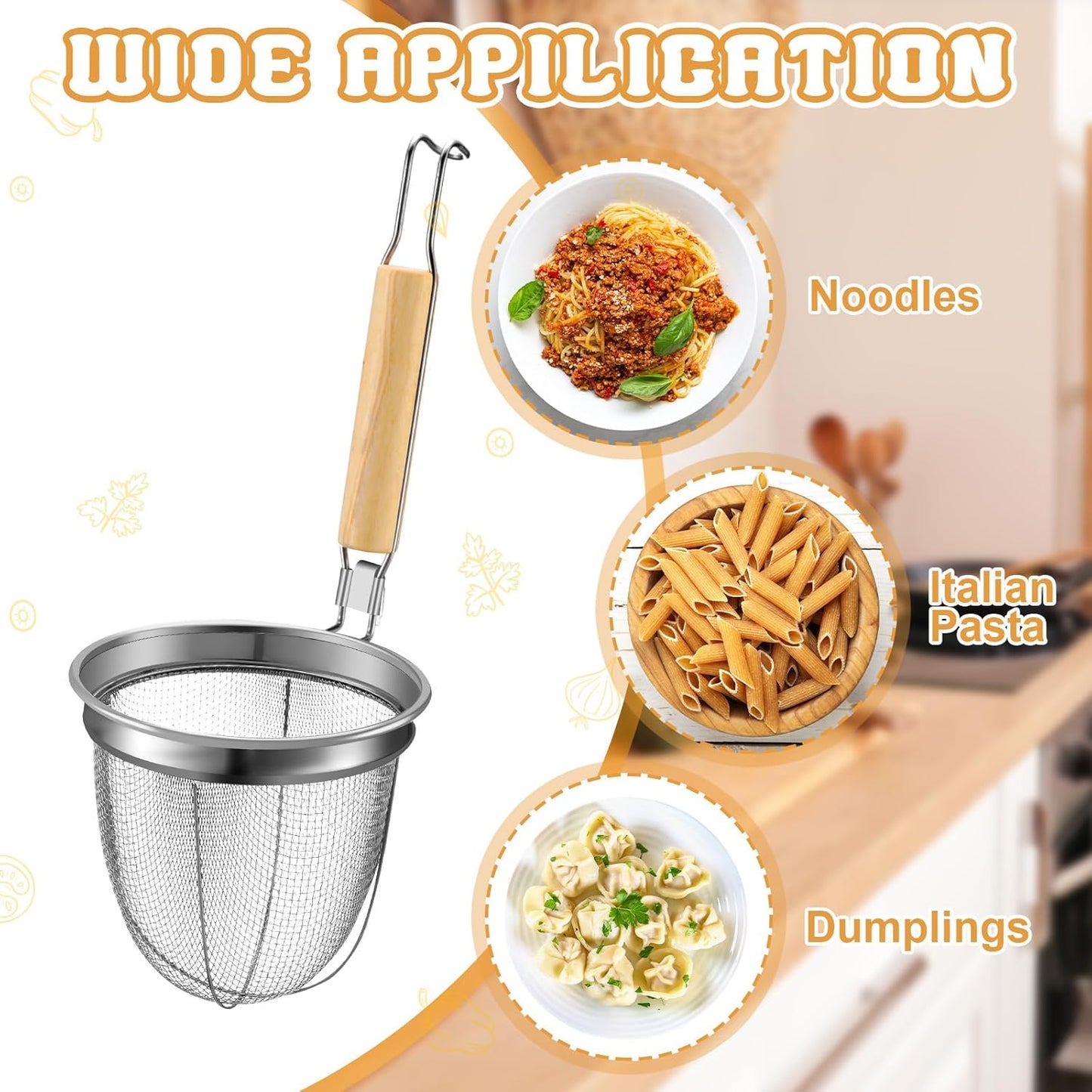 Patelai 4 Pcs Pasta Strainer Basket 5.5"x5.5" Stainless Steel Noodle Strainer with Wood Handle Kitchen Round Base Mesh Spider Basket Skimmer Food for Pasta, Ramen, Dumplings, and Deep-fried Foods