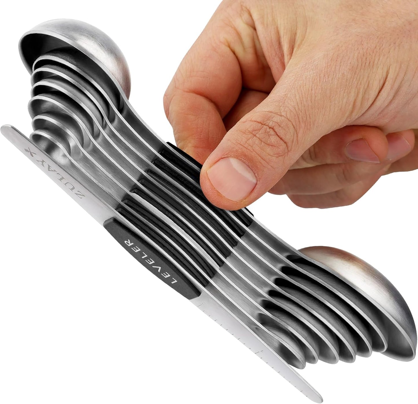 Zulay Kitchen Stainless Steel Measuring Spoon Set - Stackable Magnetic Spoon Measuring Set - Magnetic Measuring Spoon Set of 8 with Leveler - Strong N45 Magnets - White
