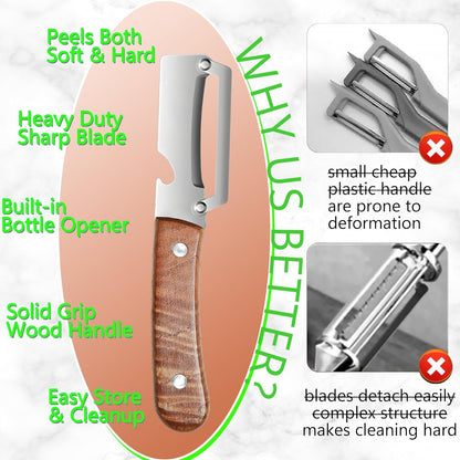 Upgrade Pro Multifunctional Vegetable Peeler - Premium Kitchen Peeler with Wooden Handle and Bottle Opener - Heavy Duty Stainless Steel Peeler Knife for Fruit Apple Potato Pumpkin Papaya Zucchini