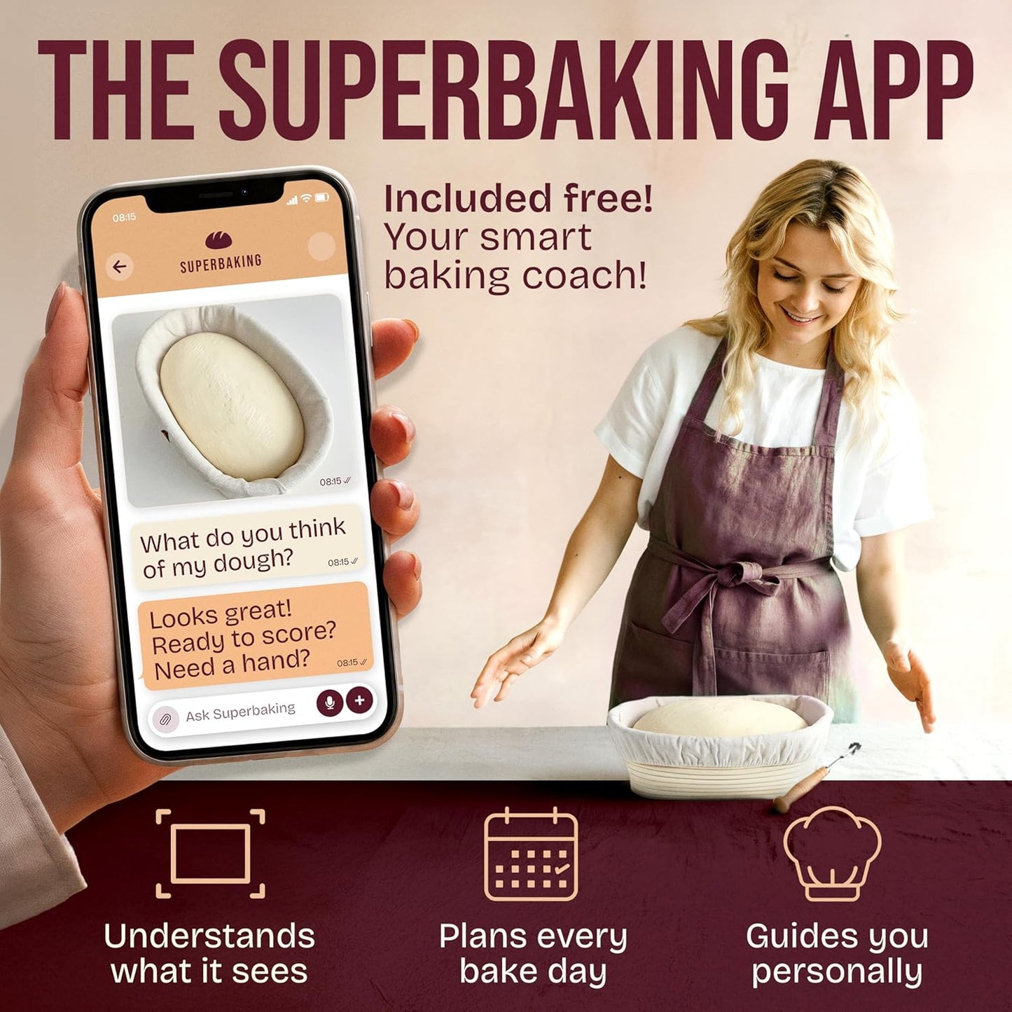 Superbaking Sourdough Starter Kit, 9" Round Banneton Bread Proofing Basket Set, Sourdough Bread Baking Supplies, Sourdough Tools with Silicone Bread Sling, Bread Making Tools, Baking Gifts