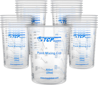 TCP Global 20 oz. (600ml) Graduated Plastic Mixing Cups - Box of 25 - Disposable Plastic Measuring Cups for Liquids, Paints, Resin, Epoxy, Art, Kitchen - Ratios 2-1, 3-1, 4-1 ML