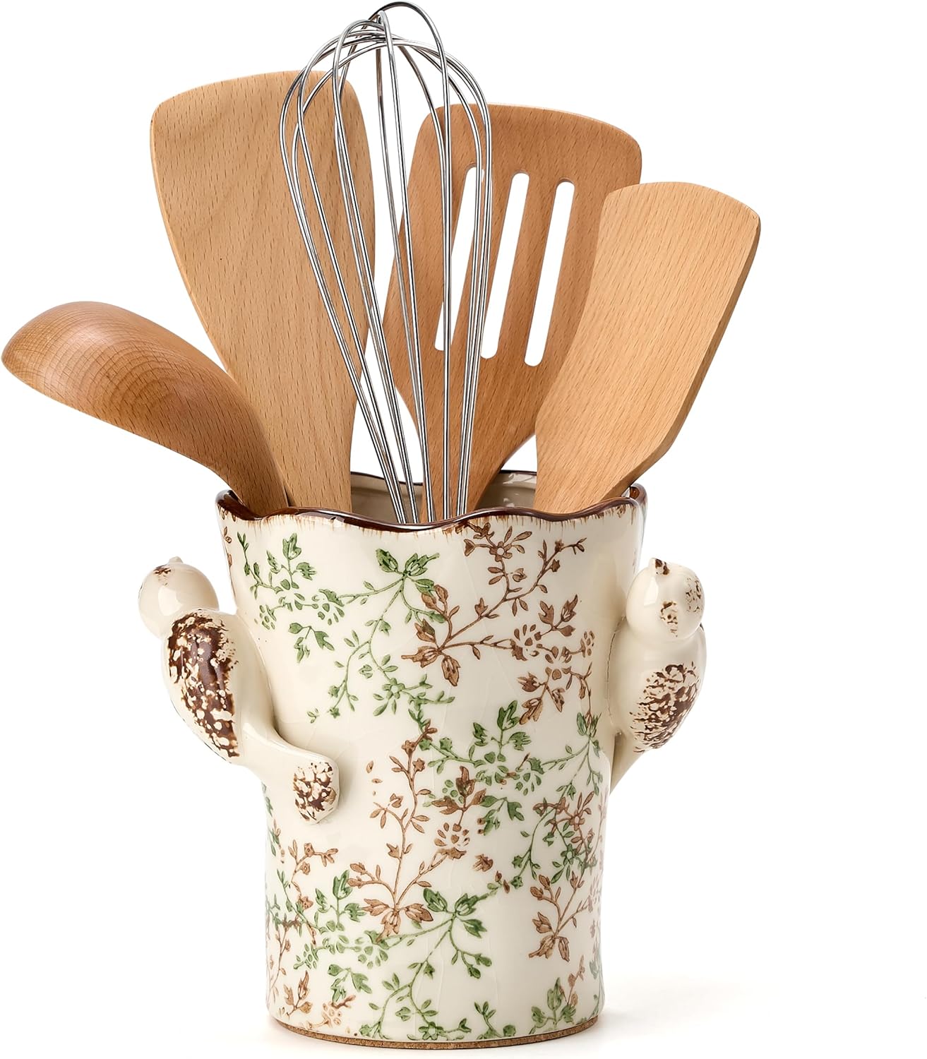 Utensil Holder for Kitchen Counter, Modern Farmhouse Rustic Cooking Utensil Holder and Crock, Exquisite Chinoiserie Floral Ceramic Utensil Organizer for Home Kitchen Decor- Green and Beige
